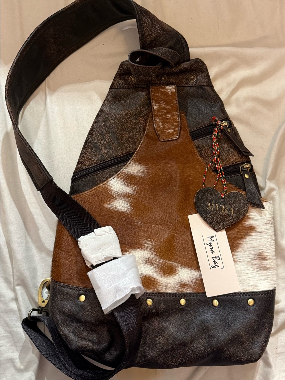 NWT Myra Cowhide Leather Sling Backpack Mine Cart Way Wester Boho+ Dust Cover